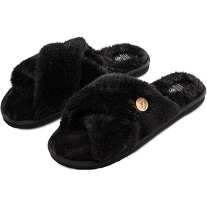 image:imageVolcom Womens Faux Fur Slide Sandals  CrissCross Strap Slippers with Plush FootbedBlack